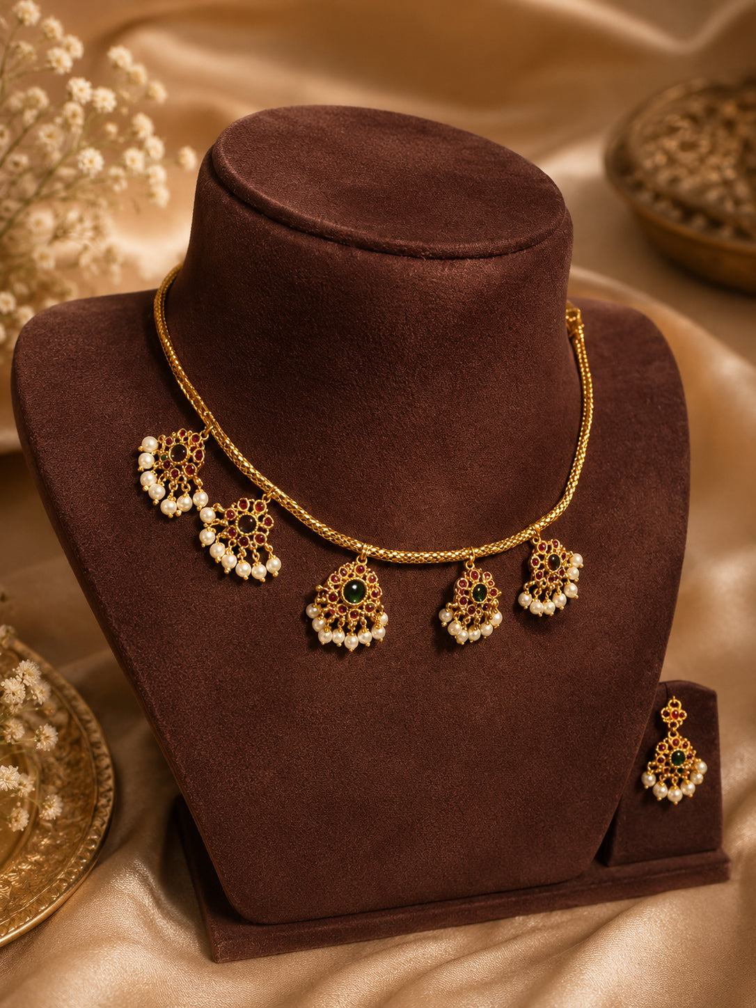 Flower Design - Ruby & Emerald Stone - Short Chain